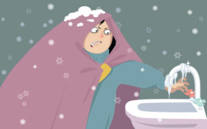 illustration of woman wrapped in a blanket dealing with frozen pipes